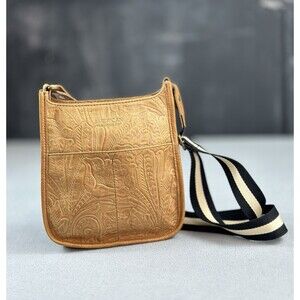 American Leather Co Crossbody Leather Purse Cali Embossed Tooled Striped Strap